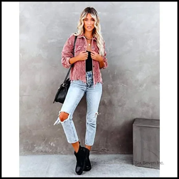 Cropped Corduroy Shacket Oversized Boyfriend Style Fringe Hem Casual Jacket - Picture 5 of 7